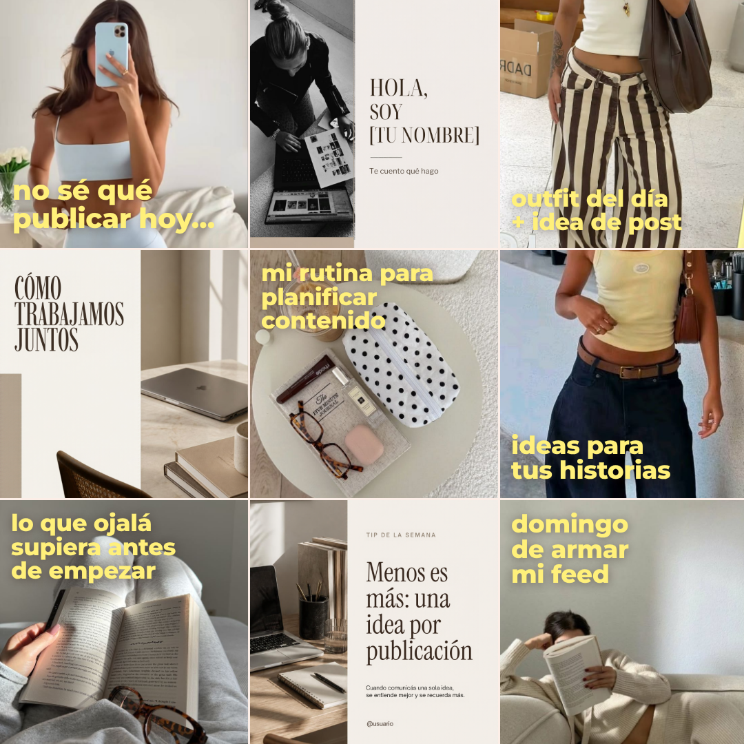 Grilla de Instagram ordenada con fotos y plantillas del kit editables en Canva