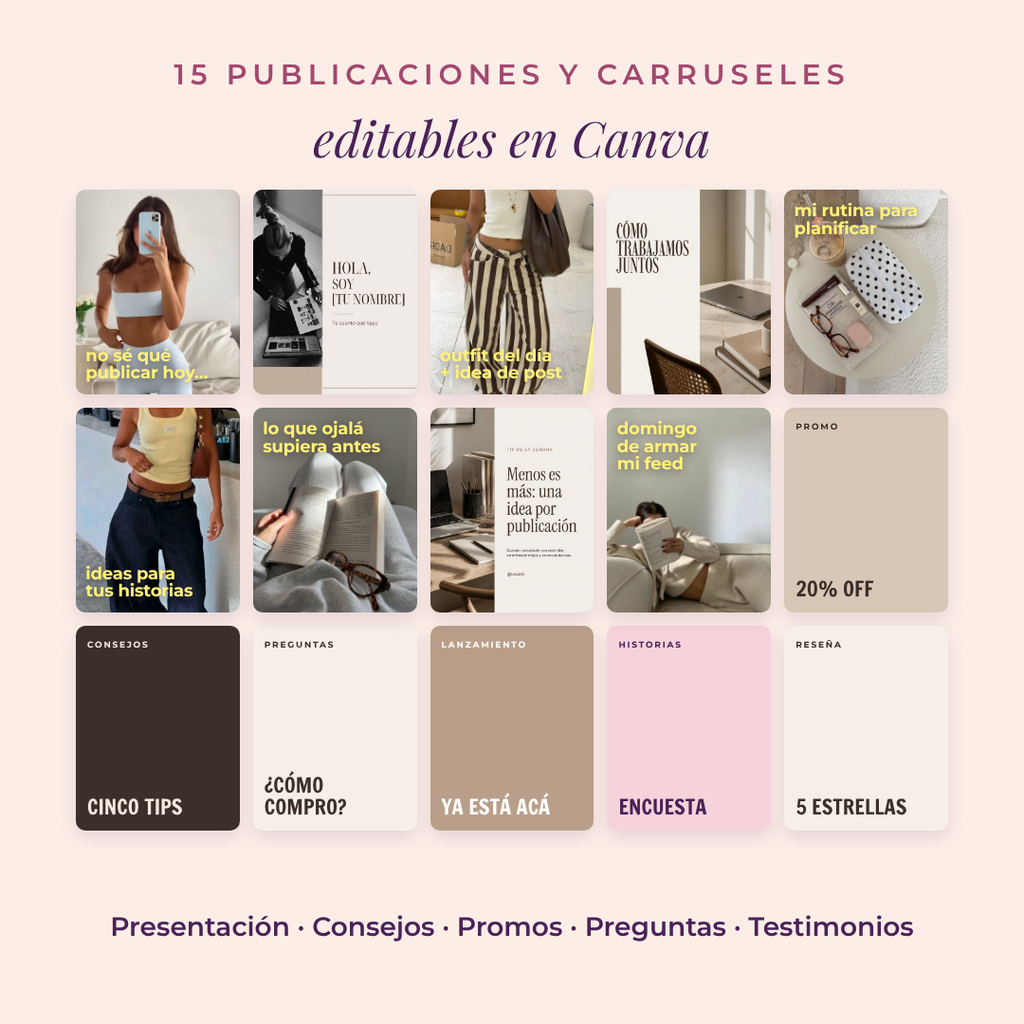 15 publicaciones y carruseles editables en Canva incluidos en el kit